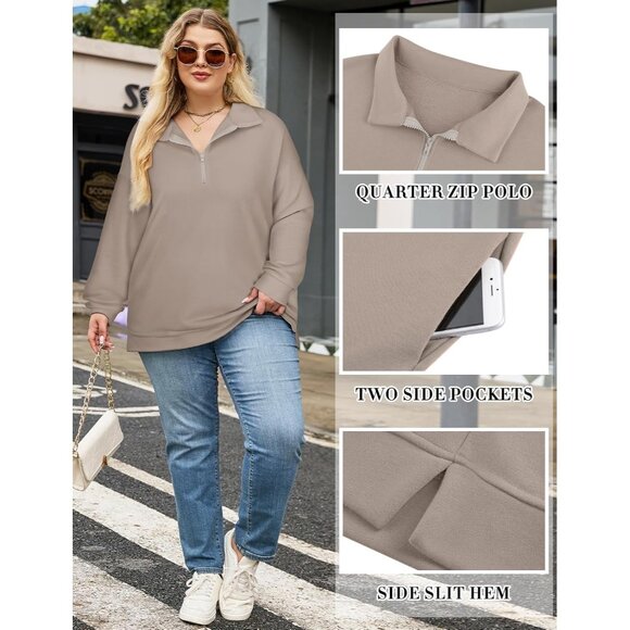 Plus Size Sweatshirt Women Polyester Spandex Pockets Quarter Zip Oversized - Picture 4 of 7